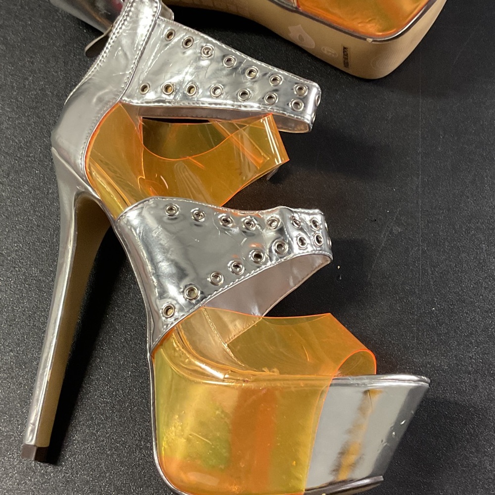 Silver Platform Heels with Orange Transparent Str… - image 5